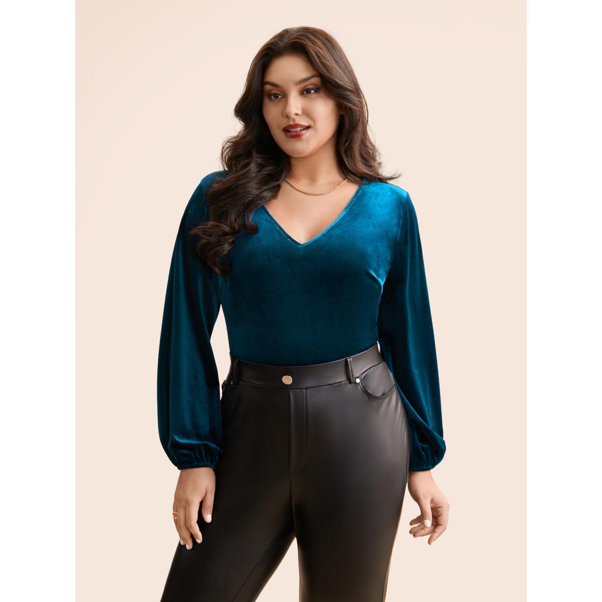 Plus Size Aegean V Neck Velvet Lantern Sleeve Blouse Women Elegant Long Sleeve V-neck Everyday Blouses BloomChic 14-16/1X Product Image