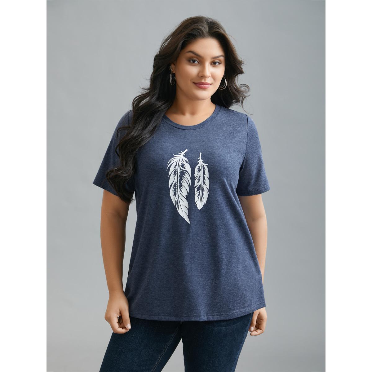 Plus Size Round Neck Feather Pattern T-Shirt Indigo Women Casual Non Art&design Round Neck Everyday T-shirts BloomChic 14-16/1X Product Image