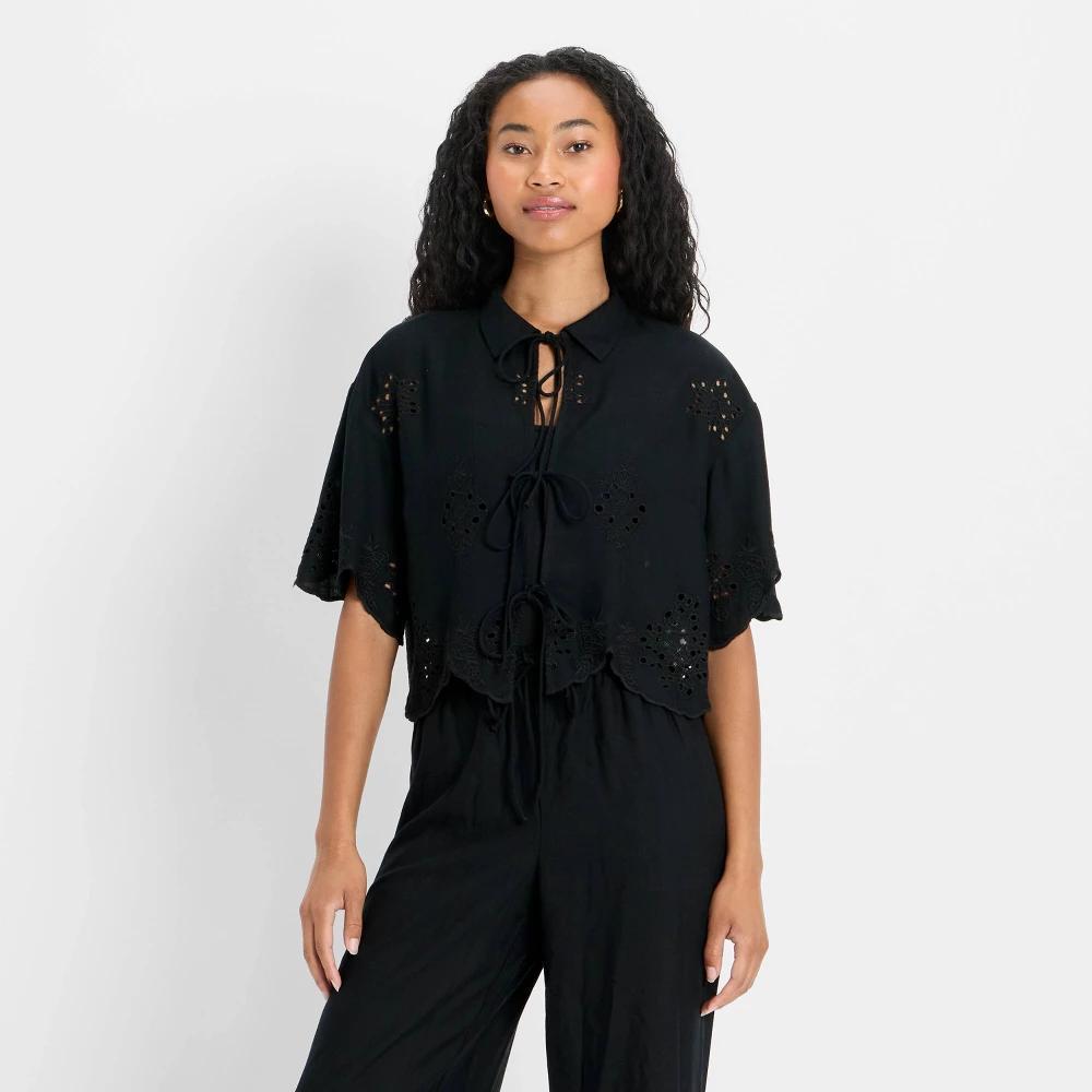 Women's Short Sleeve Embroidered Tie-Front Blouse - Future Collective Product Image