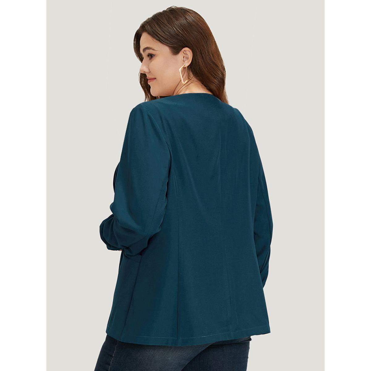 Plus Size Solid Lapel Collar Drape Pocket Ruched Cuffs Blazer Aegean Women Work Plain Drape Sleeve Long Sleeve Lapel Collar 26/4X Pocket Office Blazers BloomChic Product Image