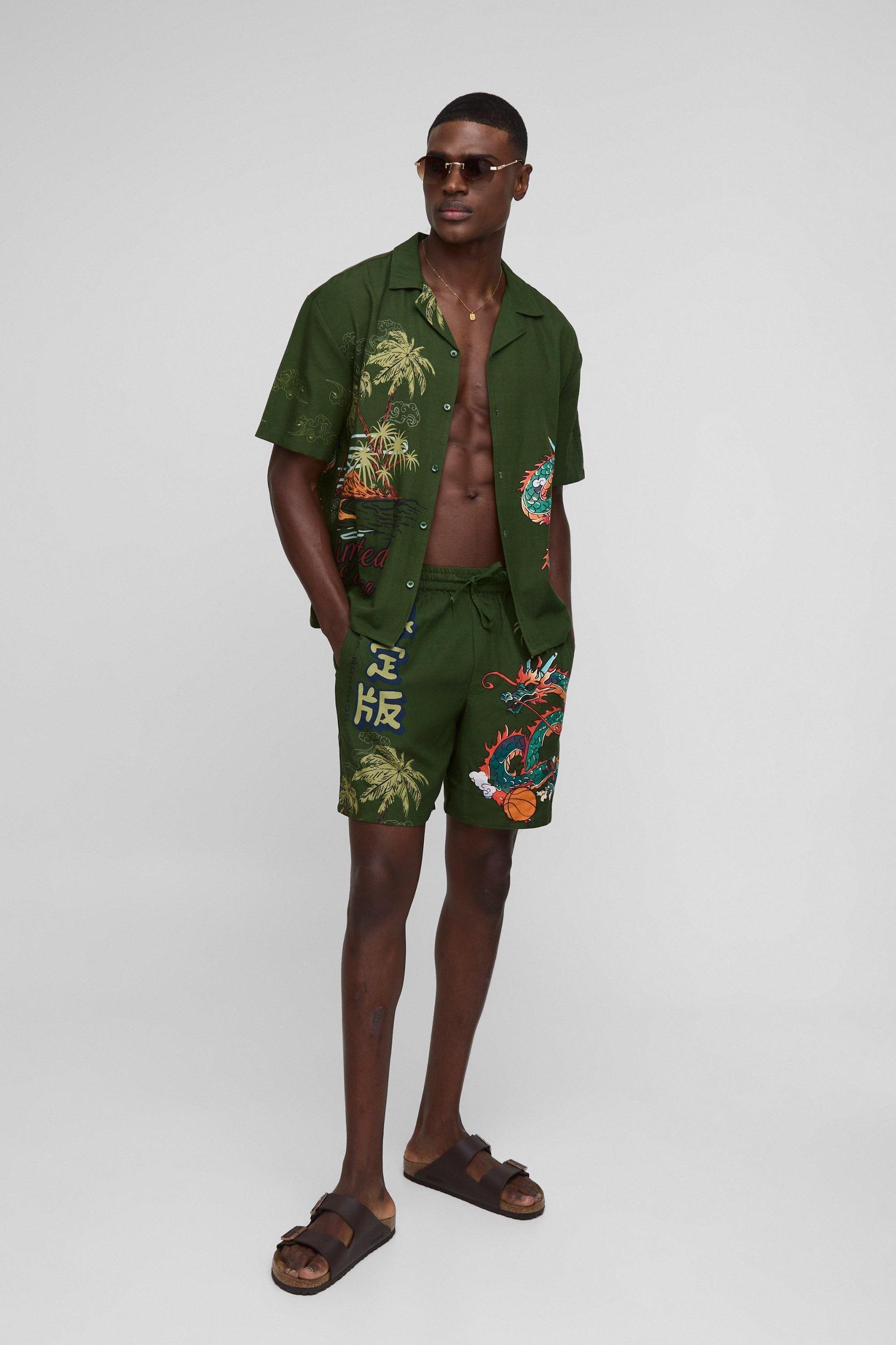 Oversized Dragon Print Linen Look Shirt & Short Set | boohooMAN USA Product Image