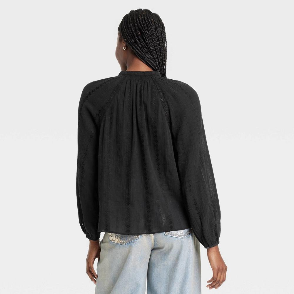Women's Balloon Long Sleeve Lace Blouse - Universal Thread™ Black S: Cotton Rayon Blend, Front Button Down, Banded Cuff Product Image