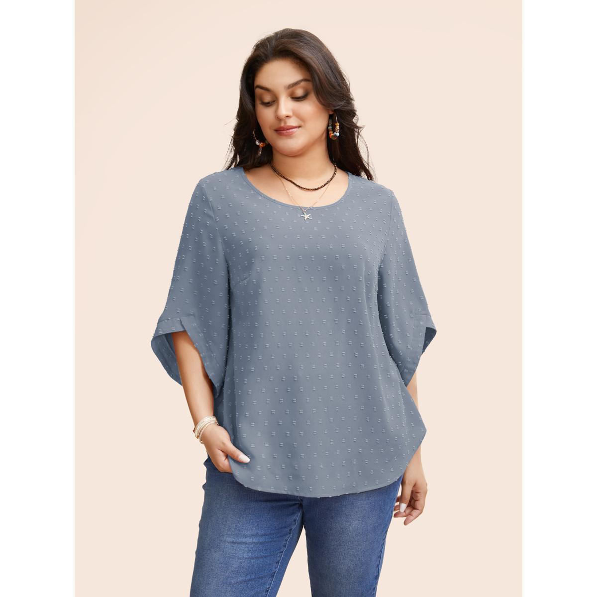 Plus Size Stone Textured Round Neck Bell Sleeve Blouse Women Elegant Elbow-length sleeve Round Neck Everyday Blouses BloomChic 26/4X Product Image