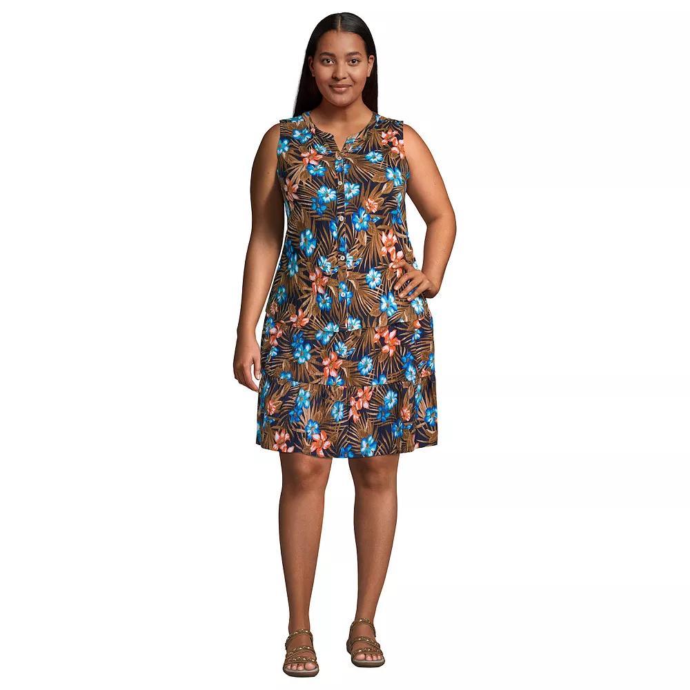 Plus Size Lands' End Crinkle Button Front Tank Top, Women's, Size: 2XL, Blue Tropic Palm Product Image