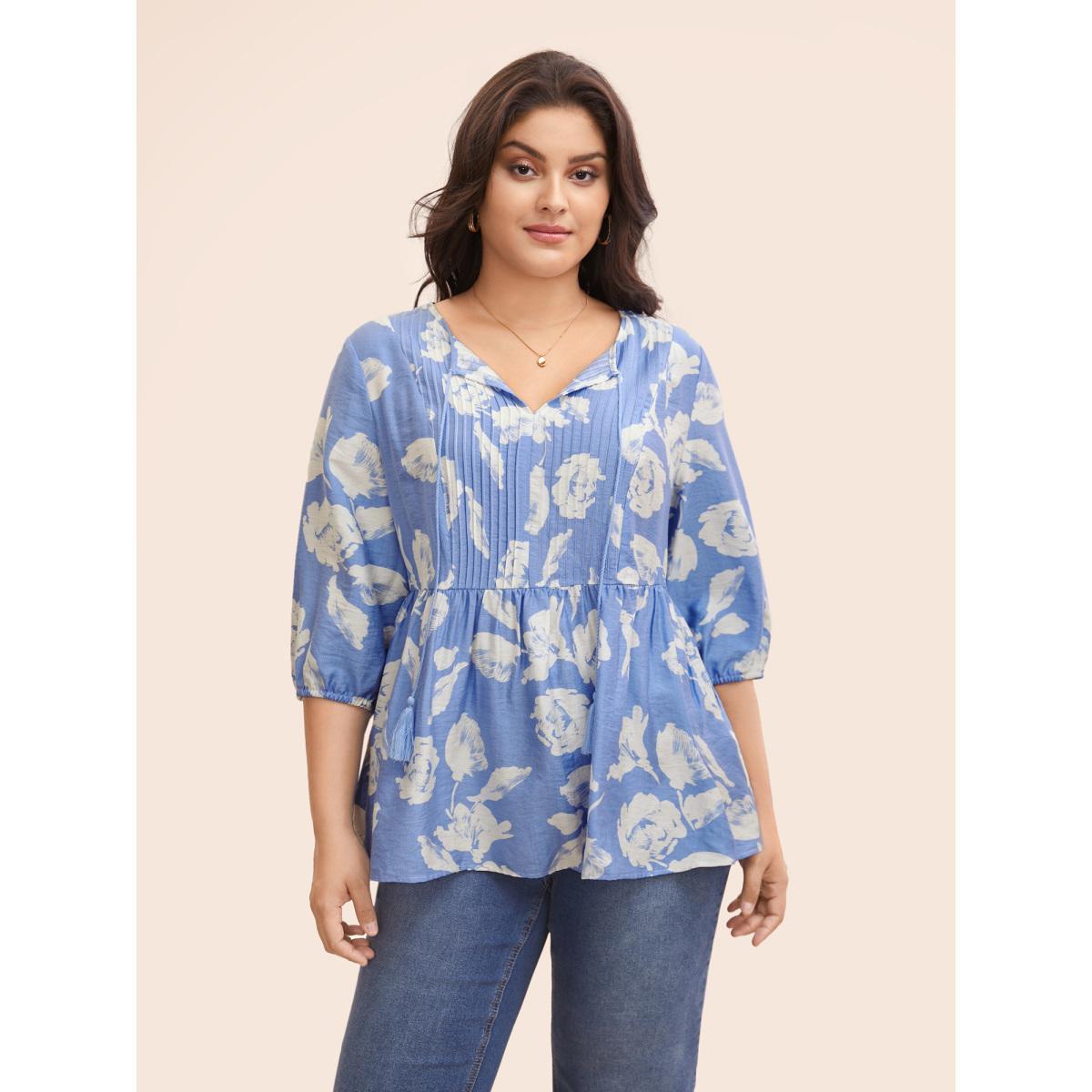Plus Size LightBlue Floral Pleated Tassel Trim Lantern Sleeve Blouse Women Elegant Elbow-length sleeve V-neck Everyday Blouses BloomChic 26/4X Product Image