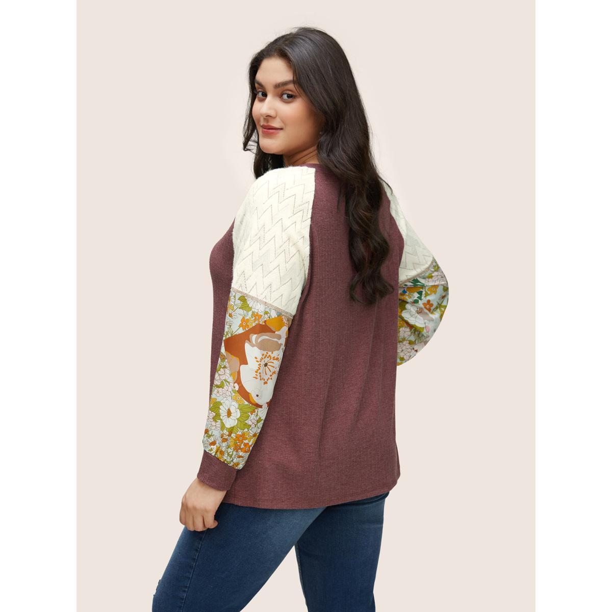 Plus Size Floral Patchwork Textured Raglan Sleeve Stitch T-shirt Russet Women Resort Texture Natural Flowers Round Neck Vacation T-shirts BloomChic 22-24/3X Product Image