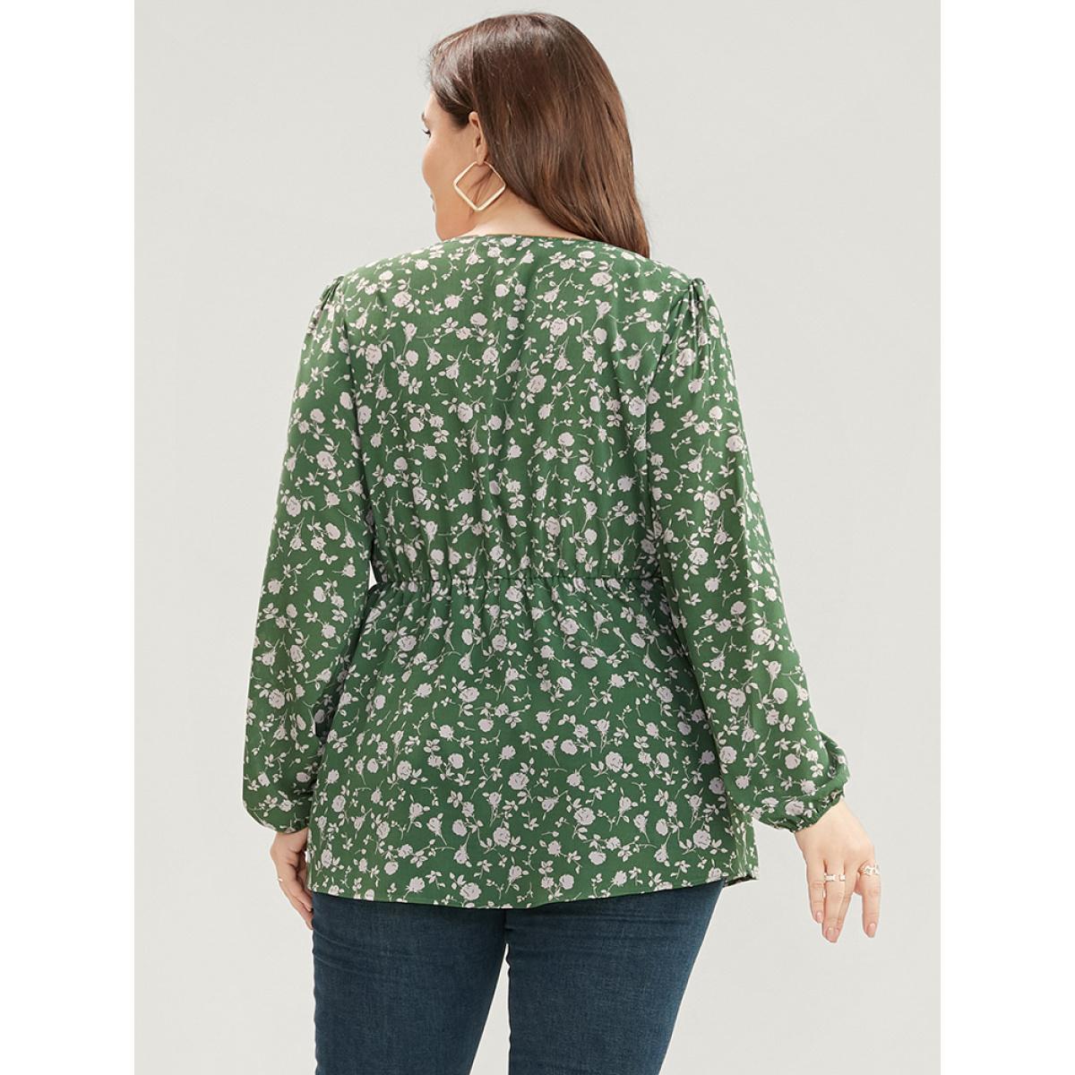 Plus Size Green Ditsy Floral V Neck Lantern Sleeve Blouse Women Elegant Long Sleeve V-neck Dailywear Blouses BloomChic 14-16/1X Product Image