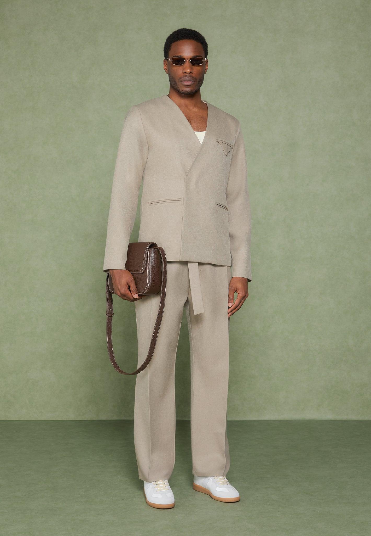 Relaxed Fit Textured Belted Tailored Trousers - Beige Male Product Image