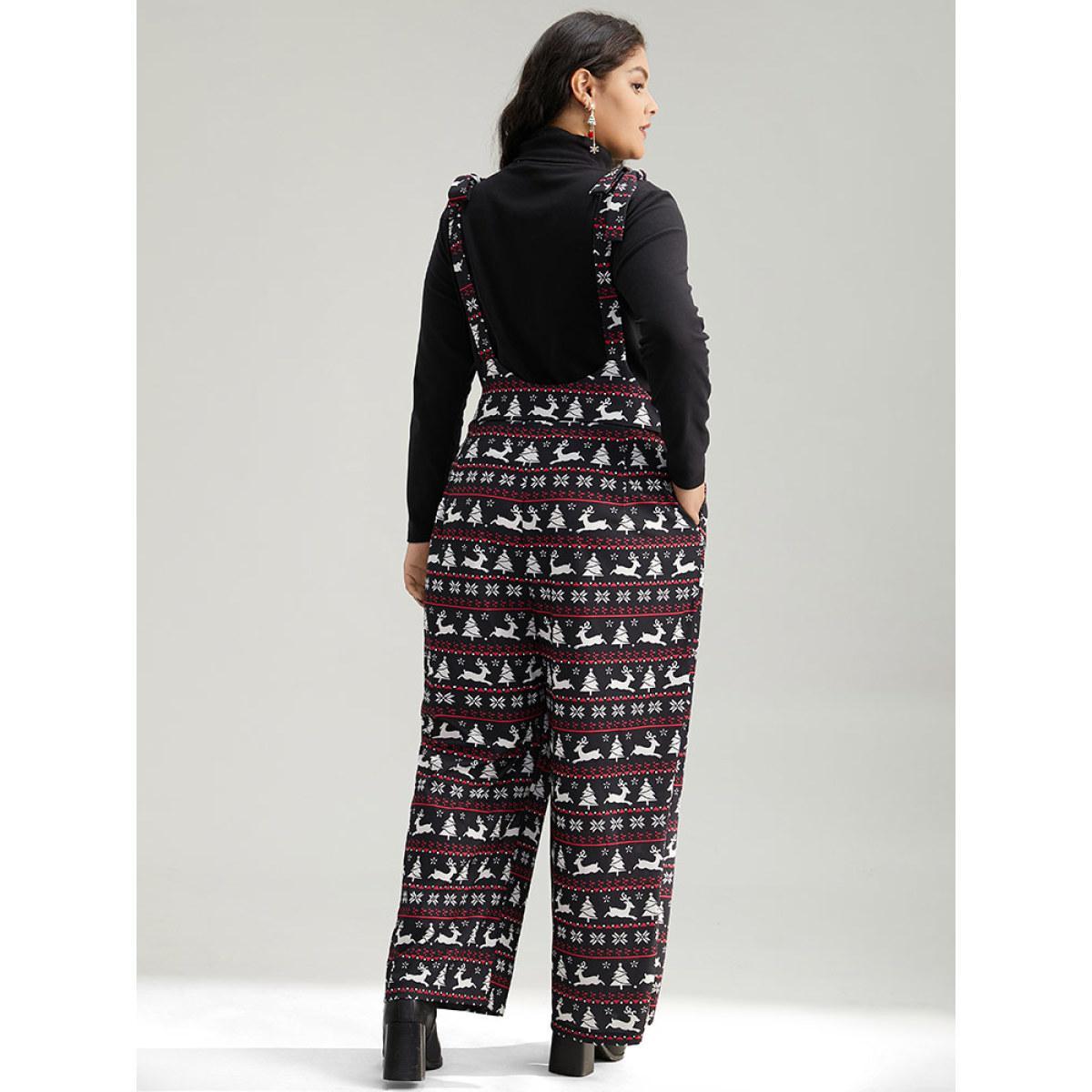 Plus Size Black Christmas Elk Print Elastic Waist Knot Jumpsuit Women Casual Sleeveless Spaghetti Strap Dailywear Loose Jumpsuits BloomChic 12/L Product Image