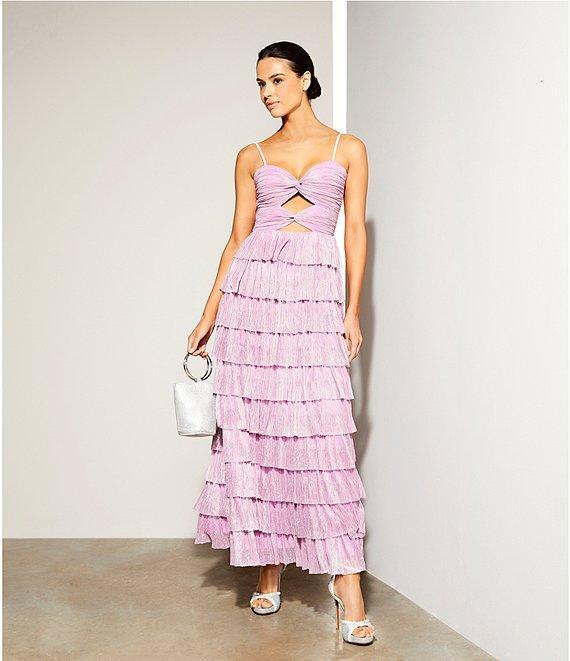 Gianni Bini Grace Metallic Plisse Sweetheart Neck Cut-Out Tiered Dress Product Image