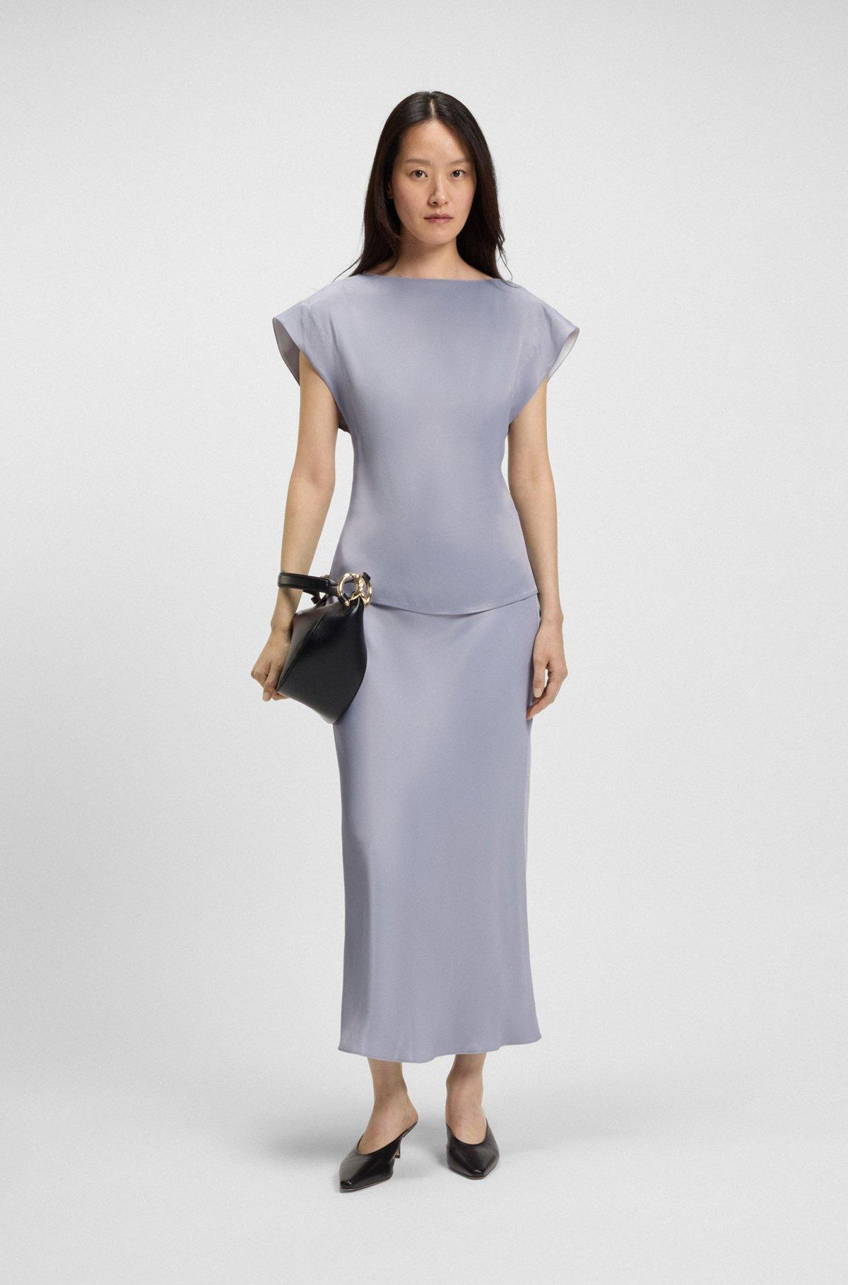 BOSS - Slim-fit satin blouse with draped neckline - Light Grey Product Image