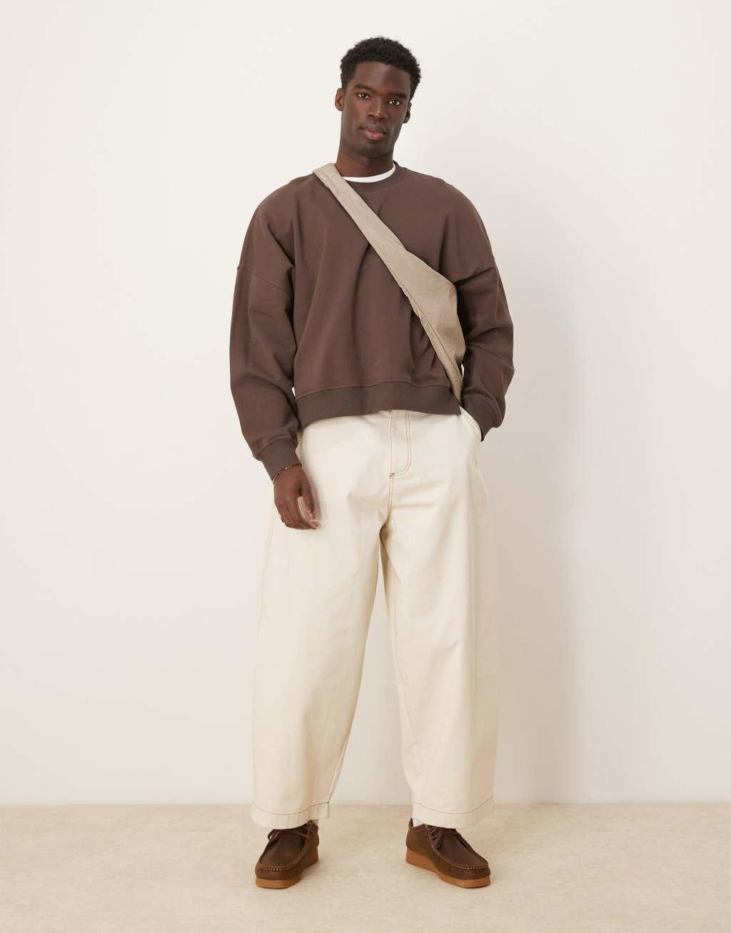 ASOS DESIGN overszied dropped shoulder cropped sweatshirt with split hem in brown Product Image