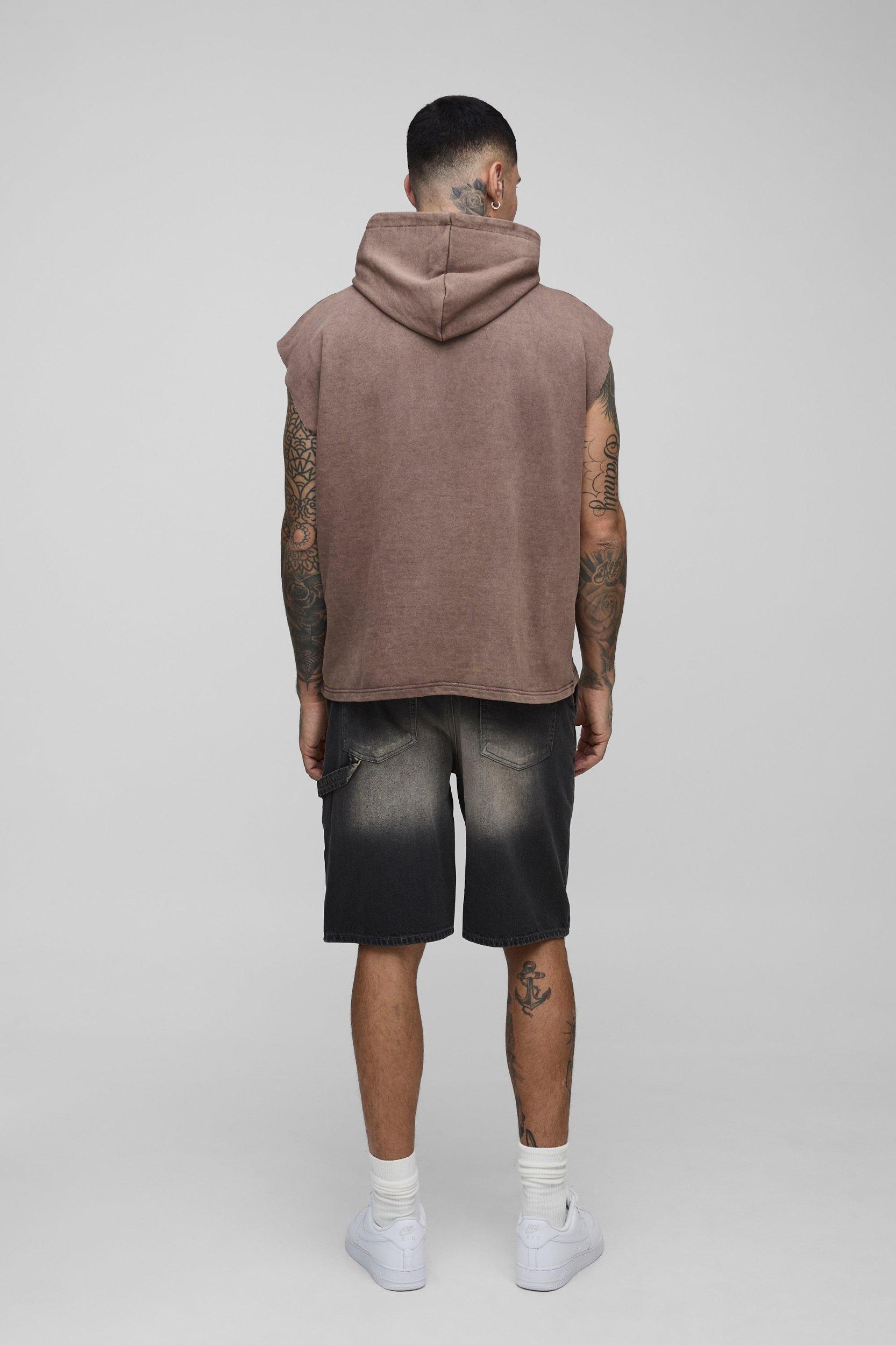 Tall Oversized Boxy Sleeveless Acid Wash Hoodie | boohooMAN USA Product Image