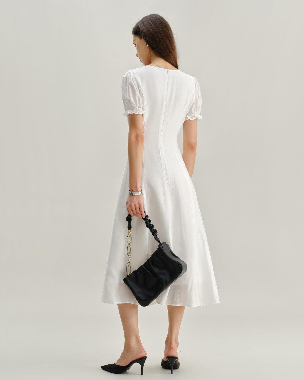 White Puffed Sleeve V Neck Midi Dress Product Image