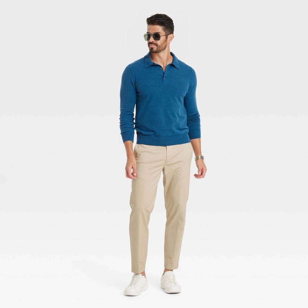 Men's Polo Collared Pullover Sweater - Goodfellow & Co™ Frosted Sage L: Lightweight Long Sleeve Product Image