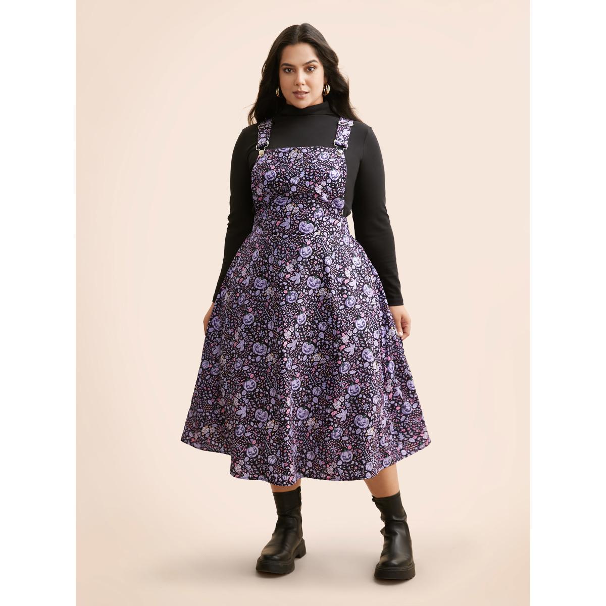 Plus Size Pumpkin Print Suspender Midi Dress BlueViolet Women Casual Non Party Curvy Bloomchic 10/M Product Image