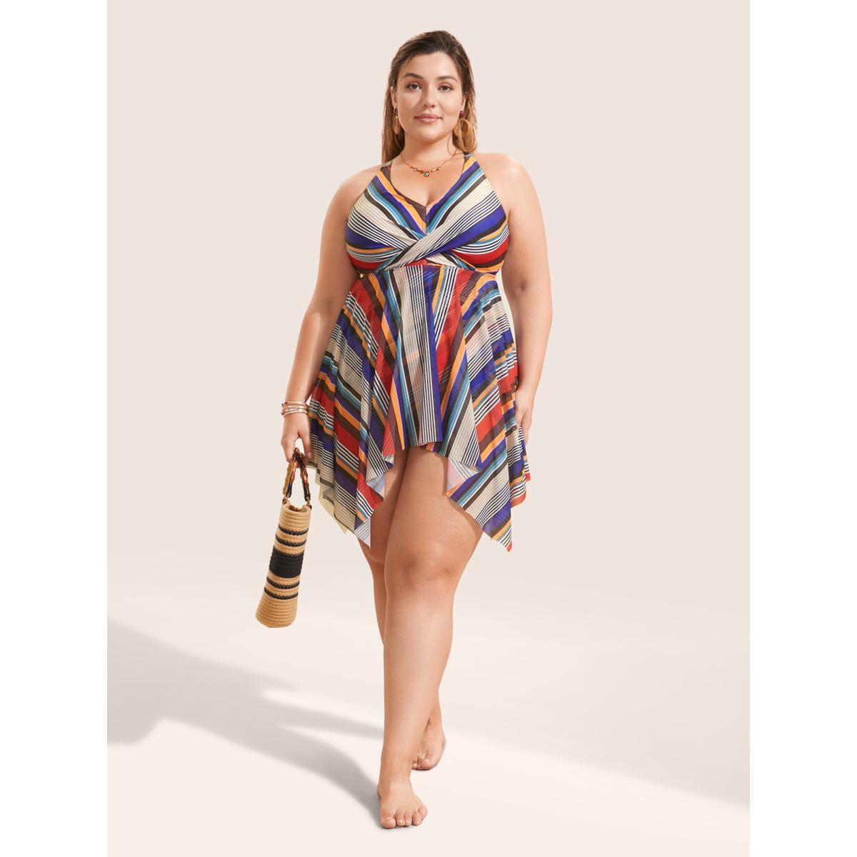 Plus Size Color Stripes Twist Hanky Hem Swim Dress Women's Swimwear Multicolor Beach Bodycon V-neck High stretch Curve Swim Dresses BloomChic 18-20/2X Product Image