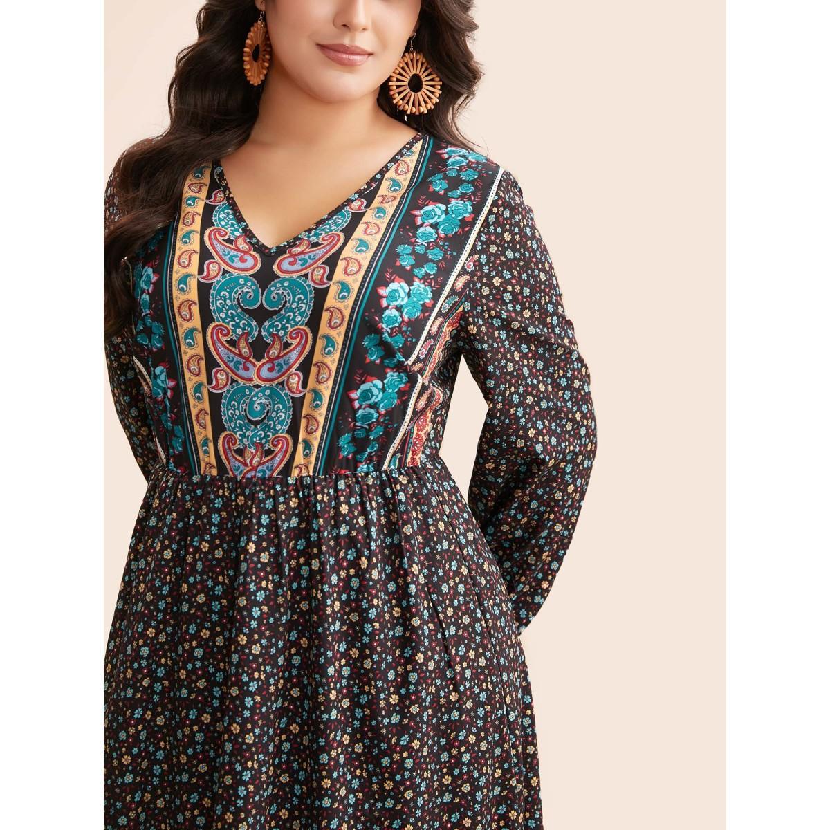 Plus Size Boho Print V Neck Elastic Waist Dress Black Women Resort Frill Trim V-neck Long Sleeve Curvy BloomChic 26/4X Product Image