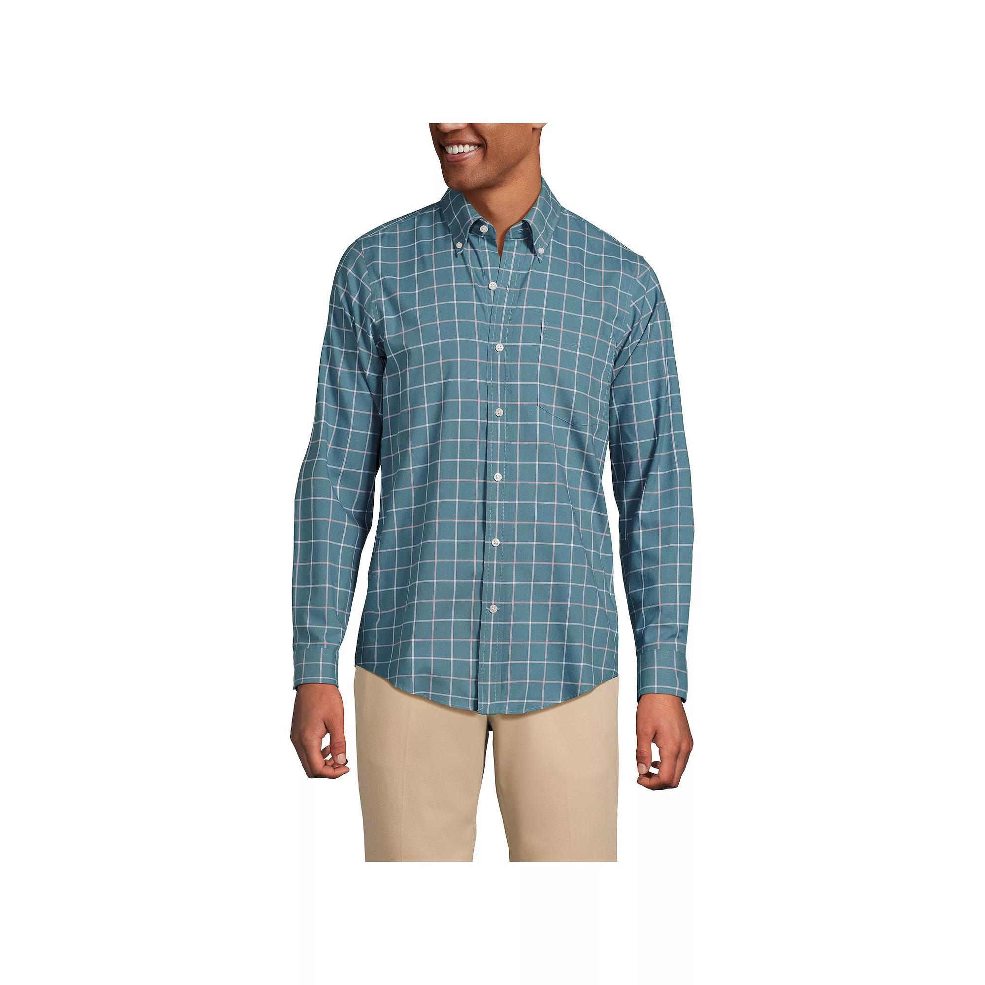 Big & Tall Lands' End Traditional-Fit No-Iron Twill Button-Down Shirt, Men's, Size: Large Tall, White Blue Plaid Product Image