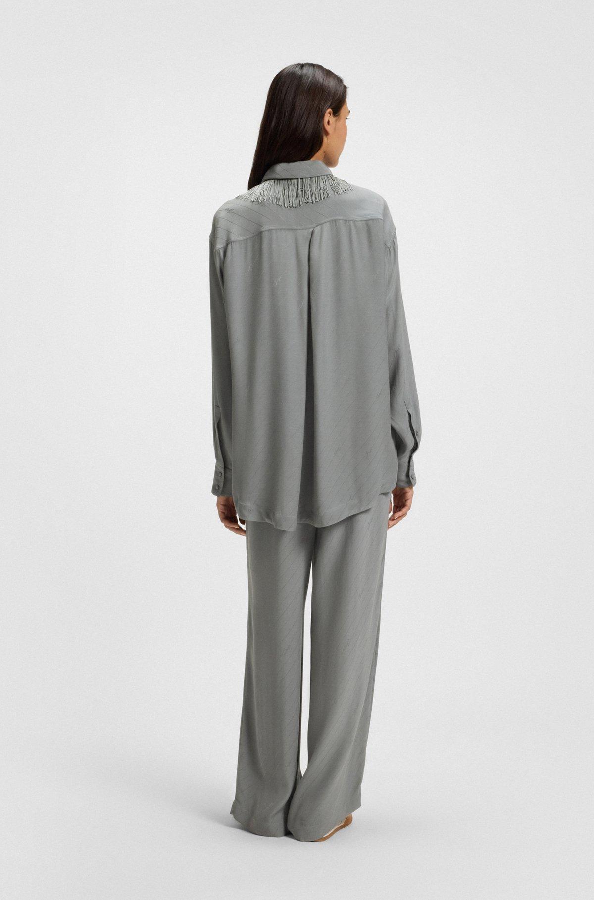 BOSS - Oversize-fit blouse with logos and fringing - Turquoise Product Image
