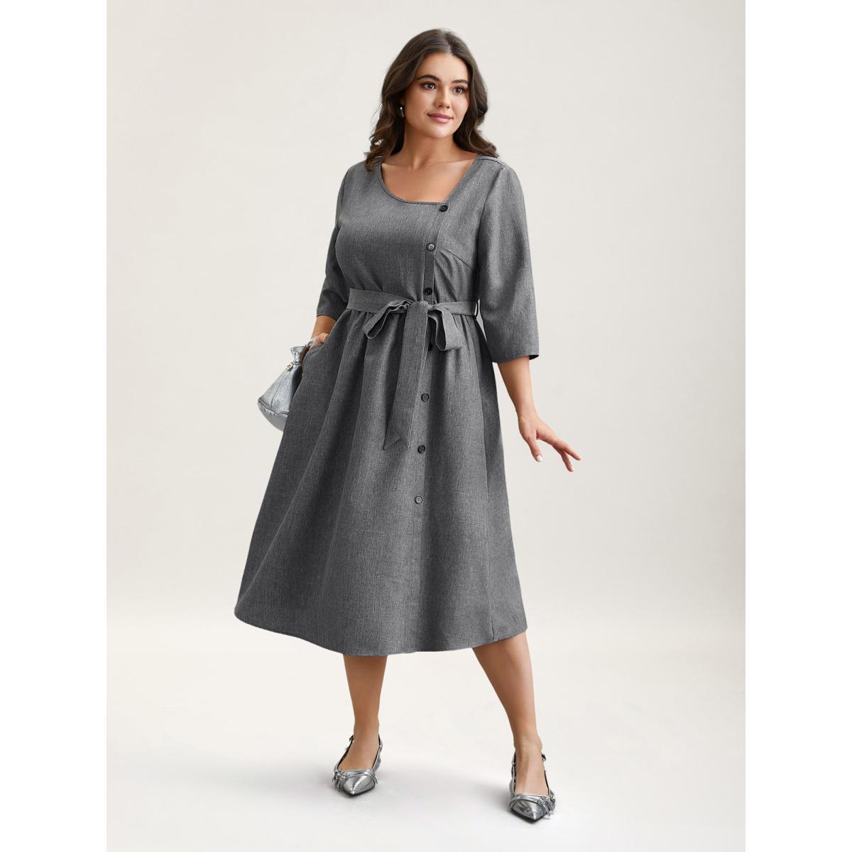 Plus Size Asymmetrical Neckline Belted Pockets Midi Dress DarkGray Women At the Office Belted Asymmetrical Neck Elbow-length sleeve Curvy BloomChic 28/5X Product Image