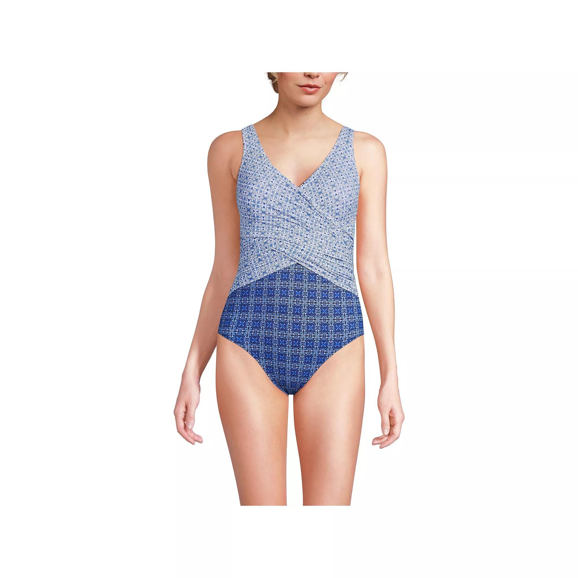 Women's Lands' End SlenderSuit Tummy Control Surplice One-Piece Swimsuit, Size: 12 LONG, Purple Navy Ombre Product Image