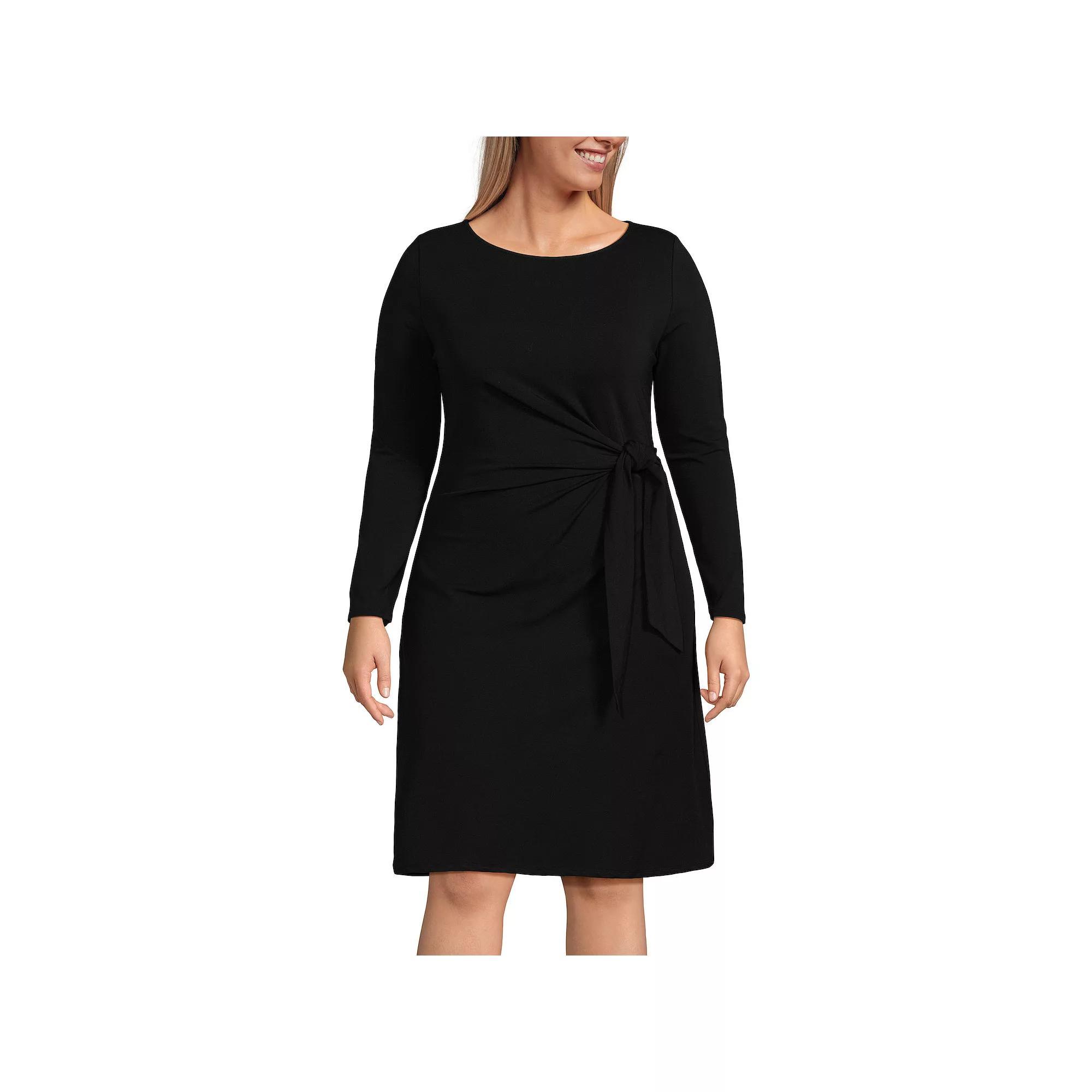Plus Size Lands' End Jersey Boatneck Tie-Waist Long Sleeve Dress, Women's, Size: 1XL, Black Product Image