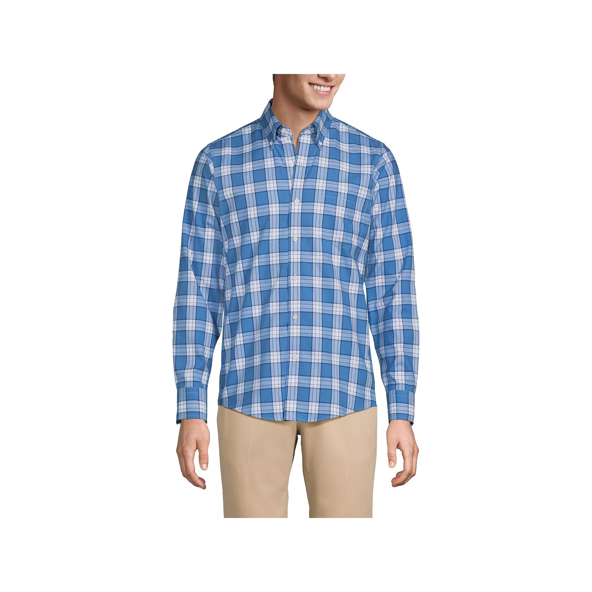 Big & Tall Lands' End Traditional-Fit No-Iron Twill Button-Down Shirt, Men's, Size: Large Tall, White Blue Plaid Product Image