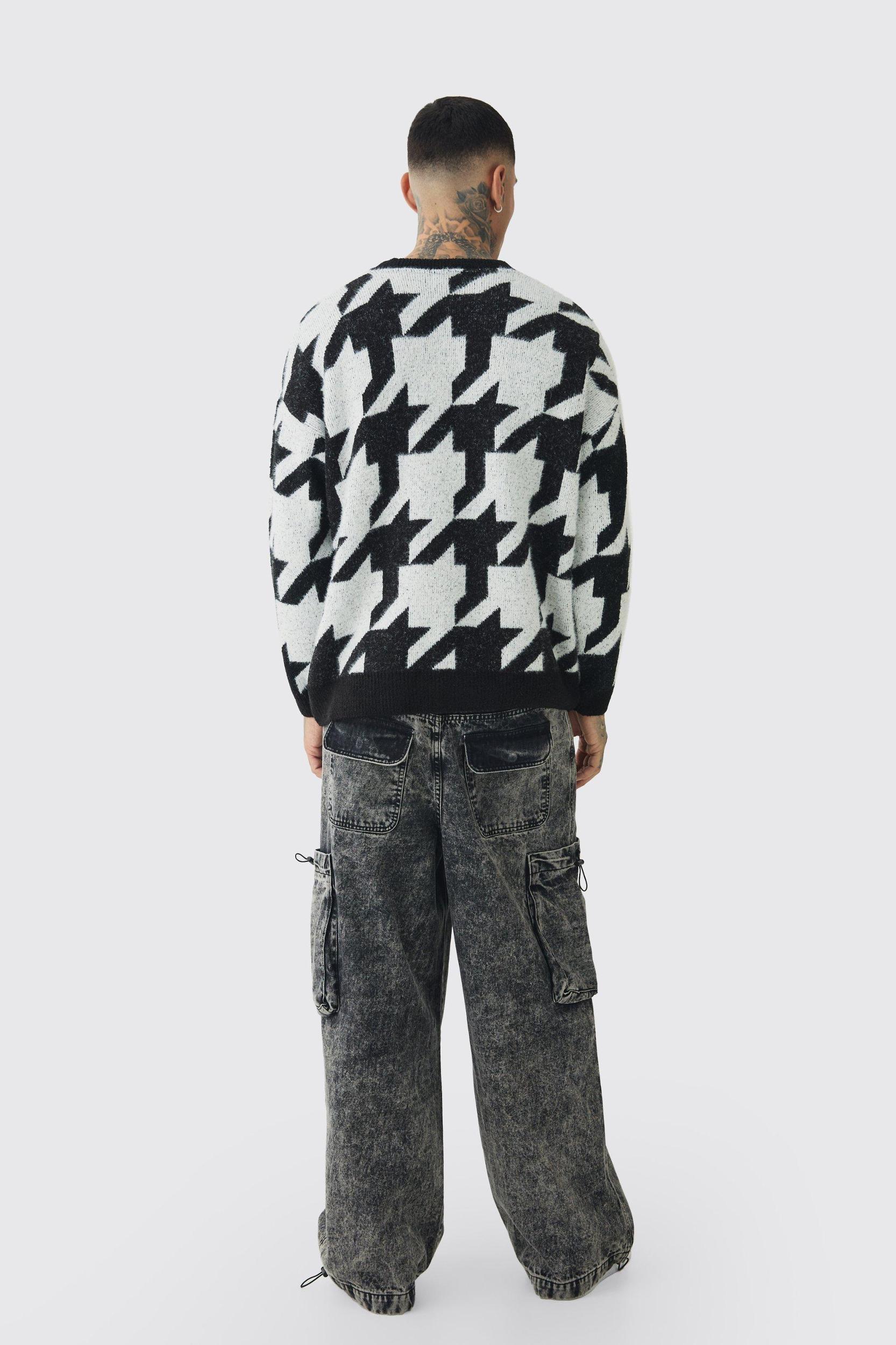 Tall Fluffy Knit Houndstooth Sweatshirt | boohooMAN USA Product Image