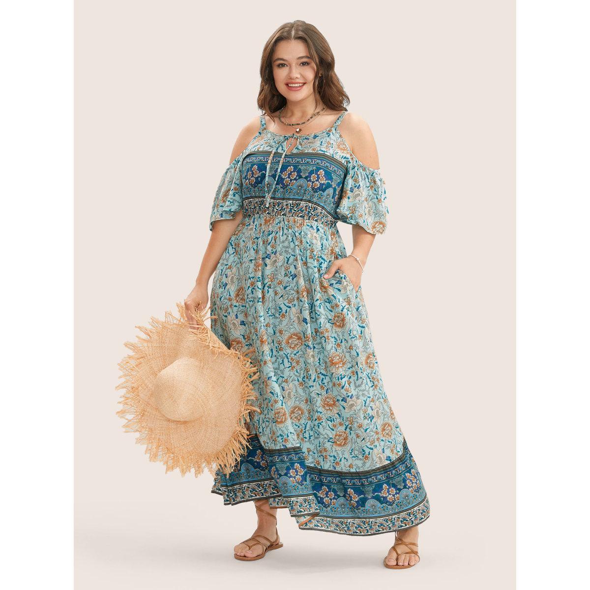 Plus Size Floral Print Pocket Keyhole Ruffles Cold Shoulder Maxi Dress Emerald Women Resort Non Non Half Sleeve Curvy Long Dress BloomChic 12/L Product Image