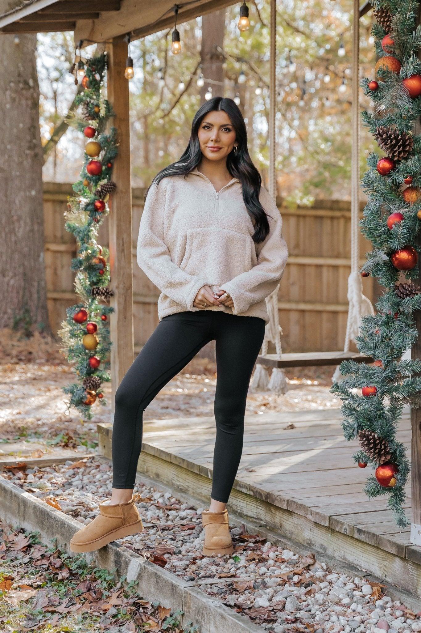 Beige Fleece Half Zip Up Jacket - FINAL SALE Product Image