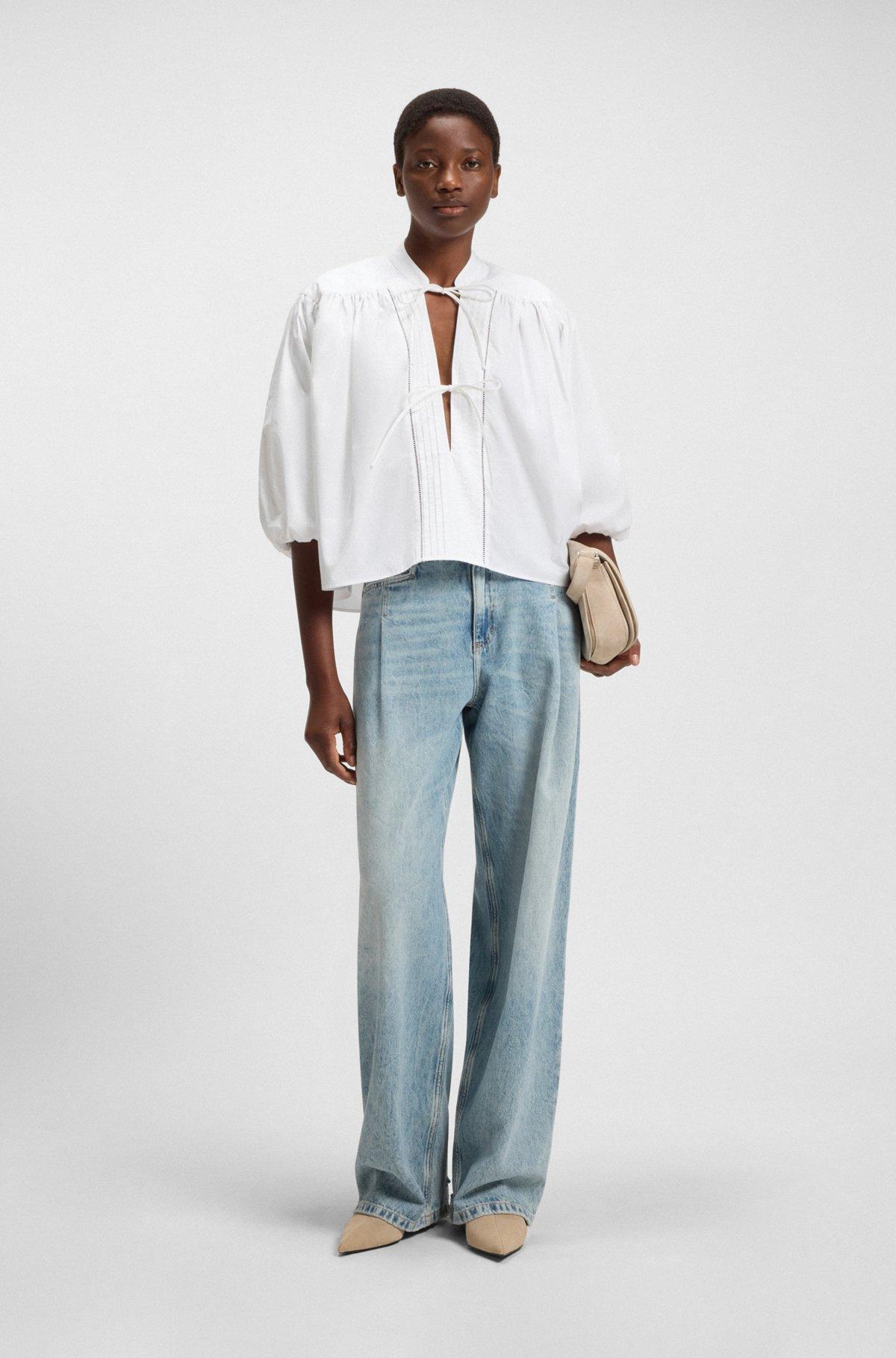 BOSS - Relaxed-fit blouse in cotton poplin with tie neckline - White Product Image