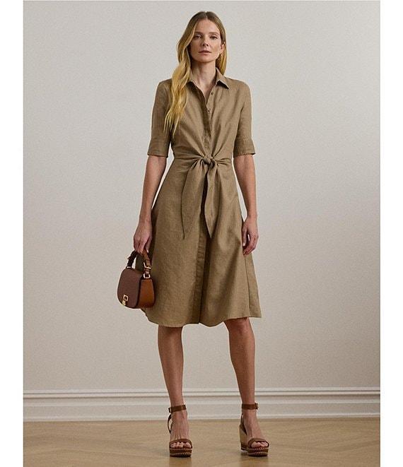 Lauren Ralph Lauren Linen Point Collar Elbow Sleeve Tie Waist Shirt Dress Product Image