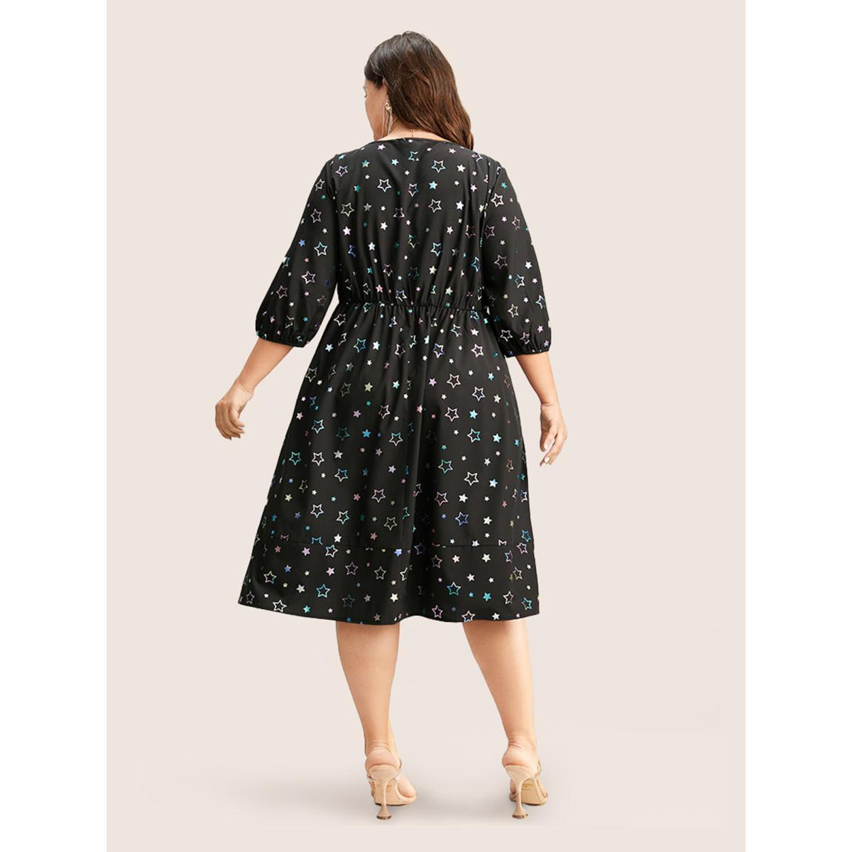 Plus Size Heart Glitter Square Neck Lantern Sleeve Dress Black Women Cocktail Elastic cuffs Square Neck Half Sleeve Curvy Midi Dress BloomChic 26/4X Product Image