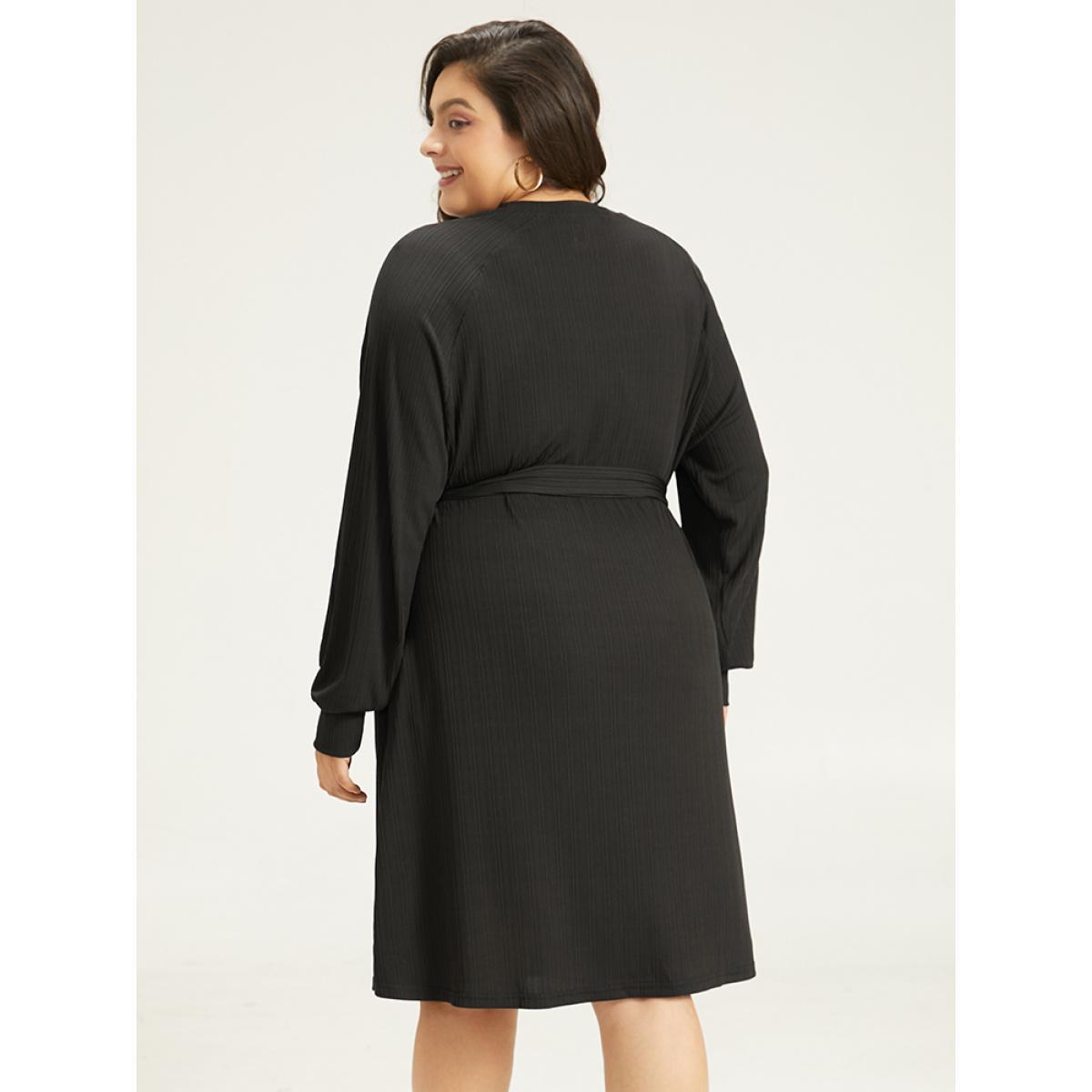 Plus Size Rib Knit Solid Pocket Pleated Belted Dress Black Women Casual Plain Round Neck Long Sleeve Curvy Midi Dress BloomChic 12/L Product Image