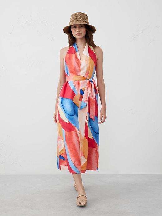 Linen-Blend Twist-Back Midi Dress Product Image