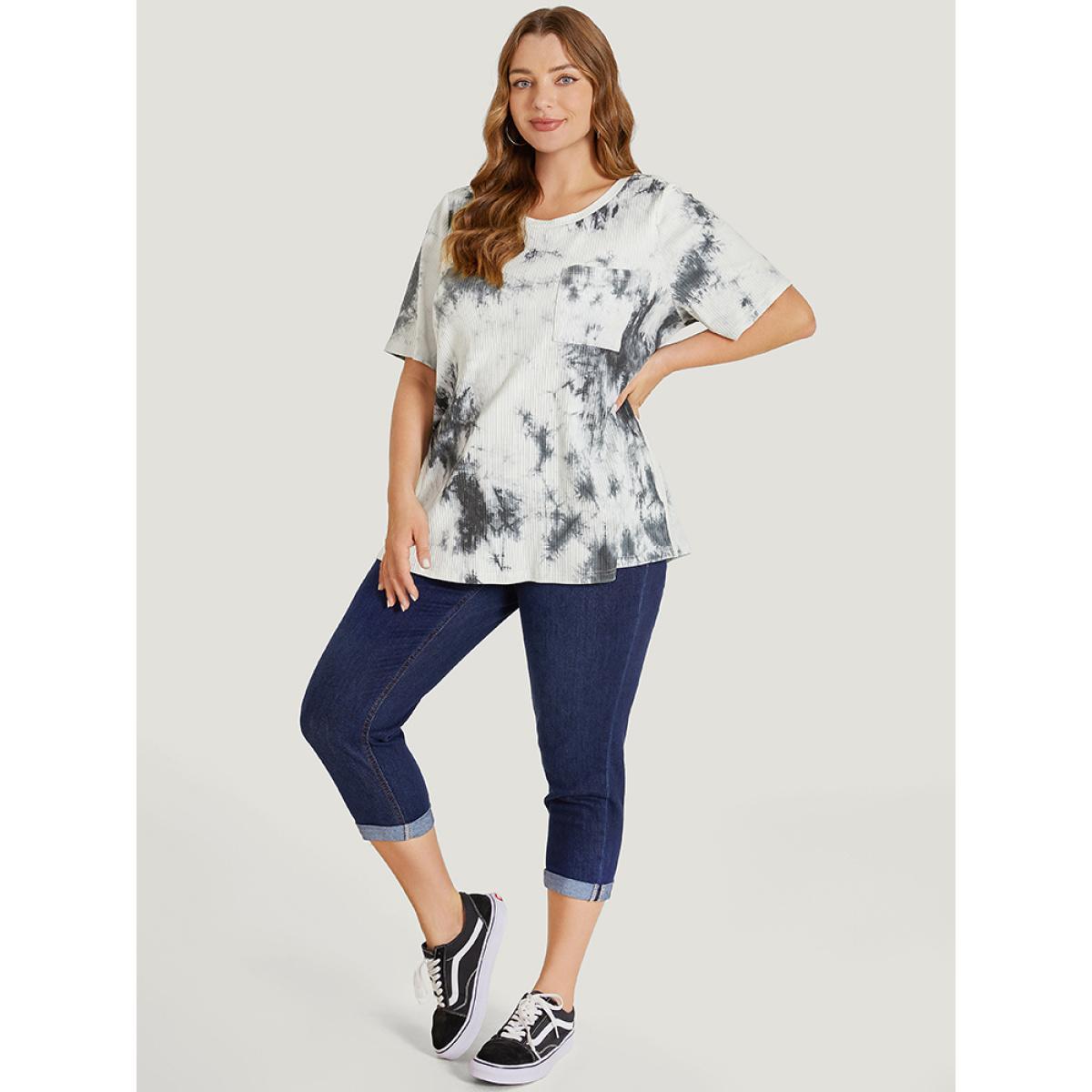 Plus Size Tie Dye Pocket Rib Knit T-shirt Gray Women Casual Tie Dye Round Neck Dailywear T-shirts BloomChic 22-24/3X Product Image