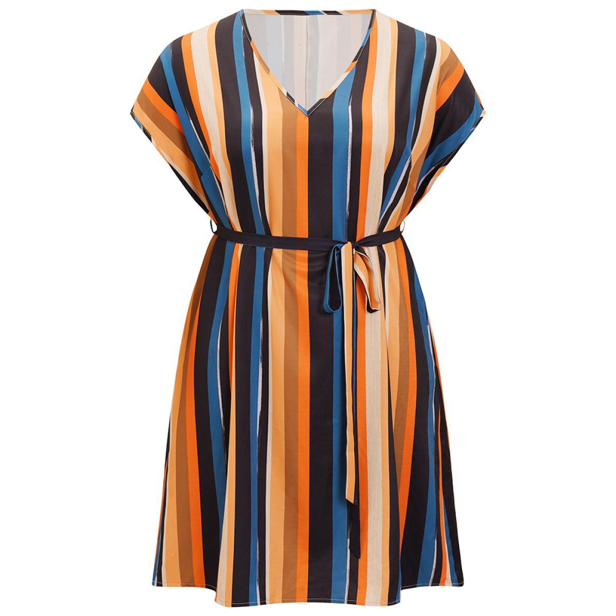 Plus Size Rainbow Striped Batwing Sleeve Pocket Belt Dress Multicolor Women Vacation Contrast V-neck Short sleeve Curvy Knee Dress BloomChic 10/M Product Image