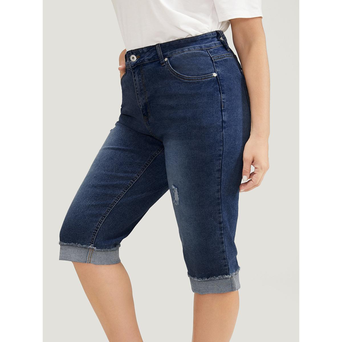 Plus Size Moderately Stretchy Roll Hem Ripped Knee Denim Shorts Women DarkBlue Casual Plain Medium stretch Slanted pocket Jeans BloomChic 24/3X Product Image