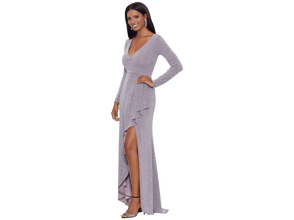 Betsy & Adam Long Long Sleeve Glitter Knit Gown (Granite) Women's Clothing Product Image