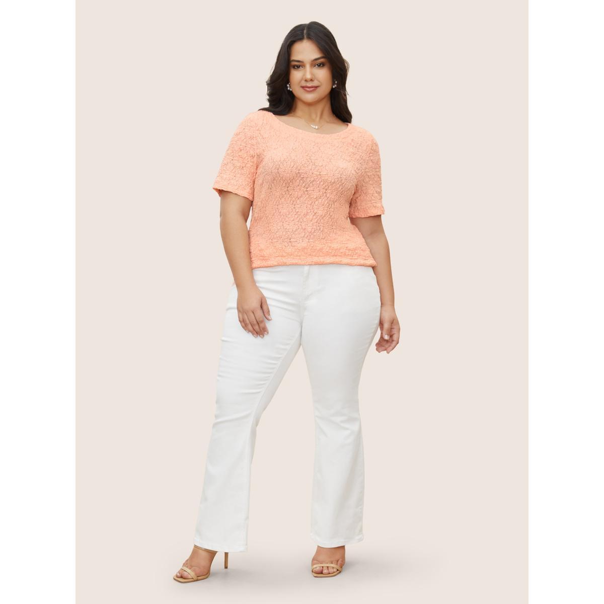 Plus Size Solid Texture Jacquard Crew Neck T-shirt Crepe Women Elegant Texture Round Neck Everyday T-shirts BloomChic 26/4X Product Image