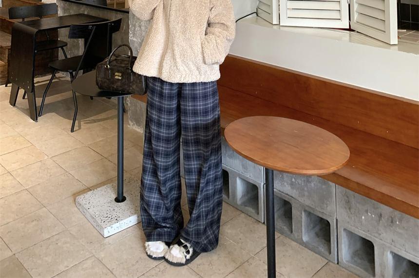 Hooded Plain Fleece Zip Up Jacket / Mid Waist Plaid Wide Leg Pants Product Image