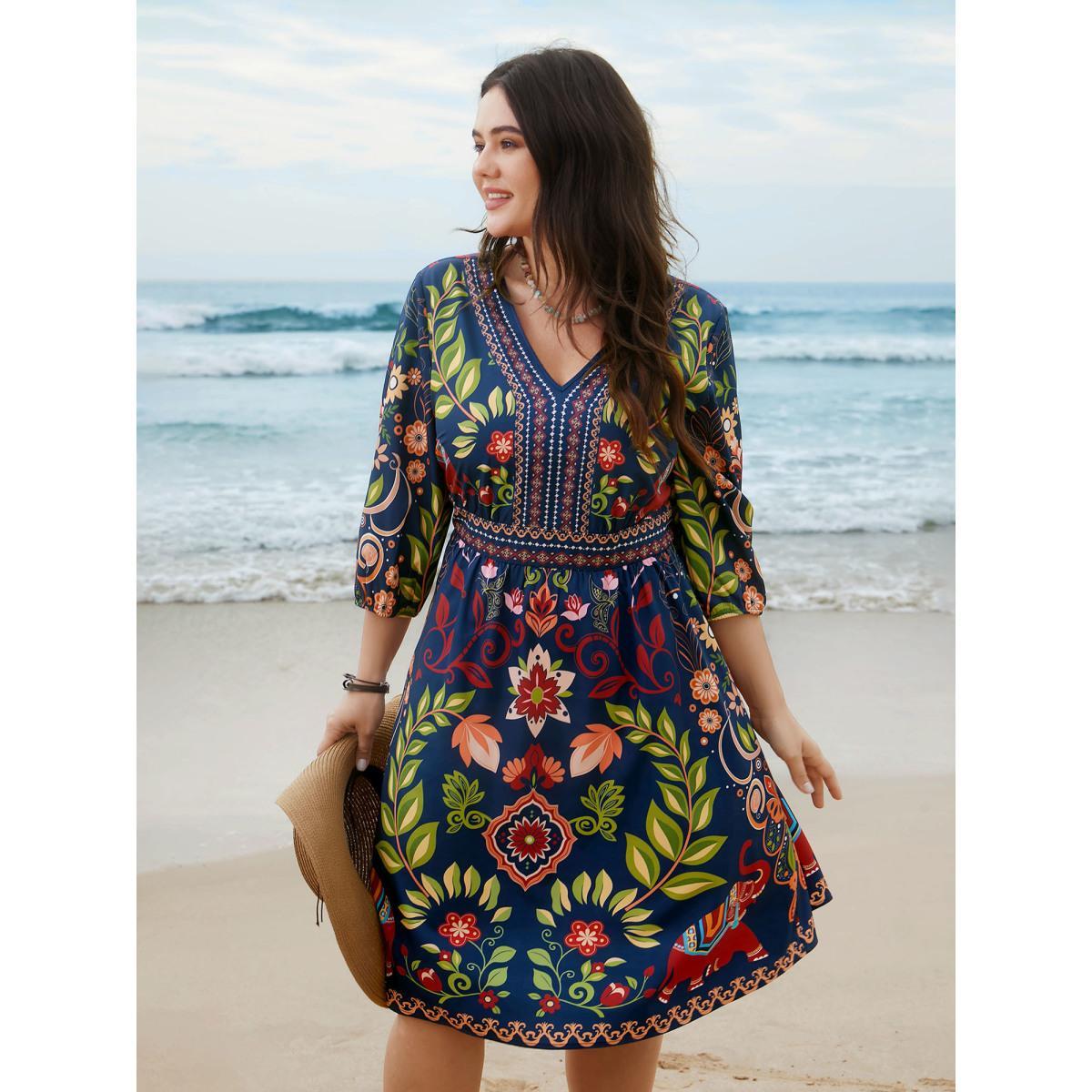 Plus Size Boho Print V-Neck Pockets Midi Dress DarkBlue Women Resort Non V-neck Elbow-length sleeve Curvy BloomChic 22-24/3X Product Image