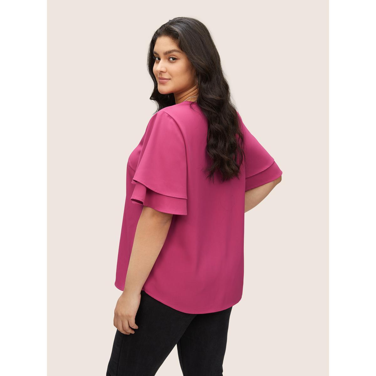 Plus Size RedViolet Anti-Wrinkle Pleated Tiered Flutter Sleeve Blouse Women Office Short sleeve V-neck Work Blouses BloomChic 12/L Product Image