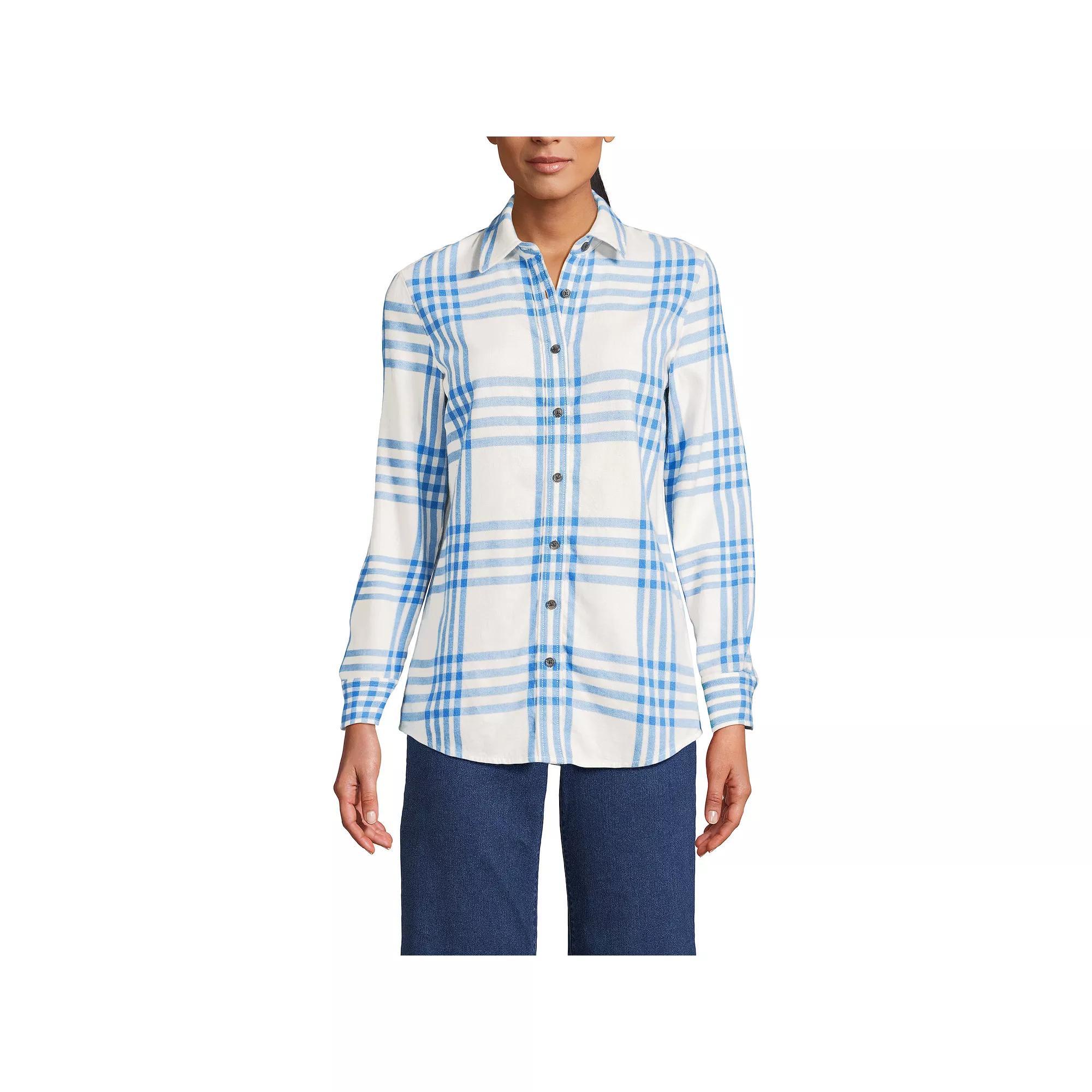 Women's Lands' End Flannel Boyfriend Shirt, Size: XS, Ivory Blue Plaid Product Image