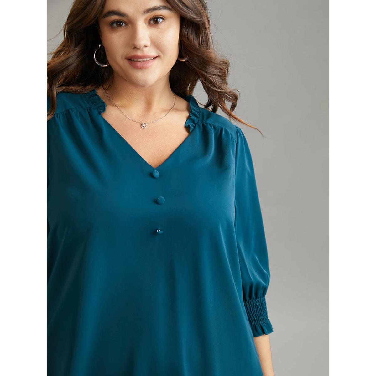 Plus Size Aegean Anti-Wrinkle Gathered Shirred Frill Trim Blouse Women Office Half Sleeve V-neck Work Blouses BloomChic 10/M Product Image