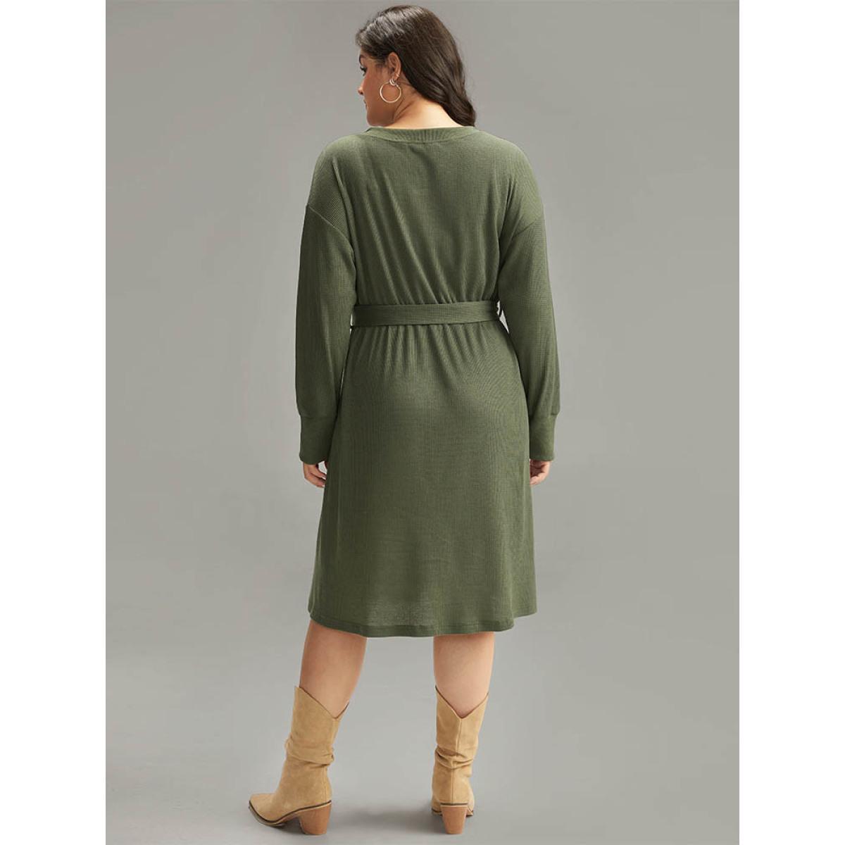 Plus Size Plain Textured Belted Button Up Dress ArmyGreen Women Casual Texture Round Neck Long Sleeve Curvy Midi Dress BloomChic 10/M Product Image