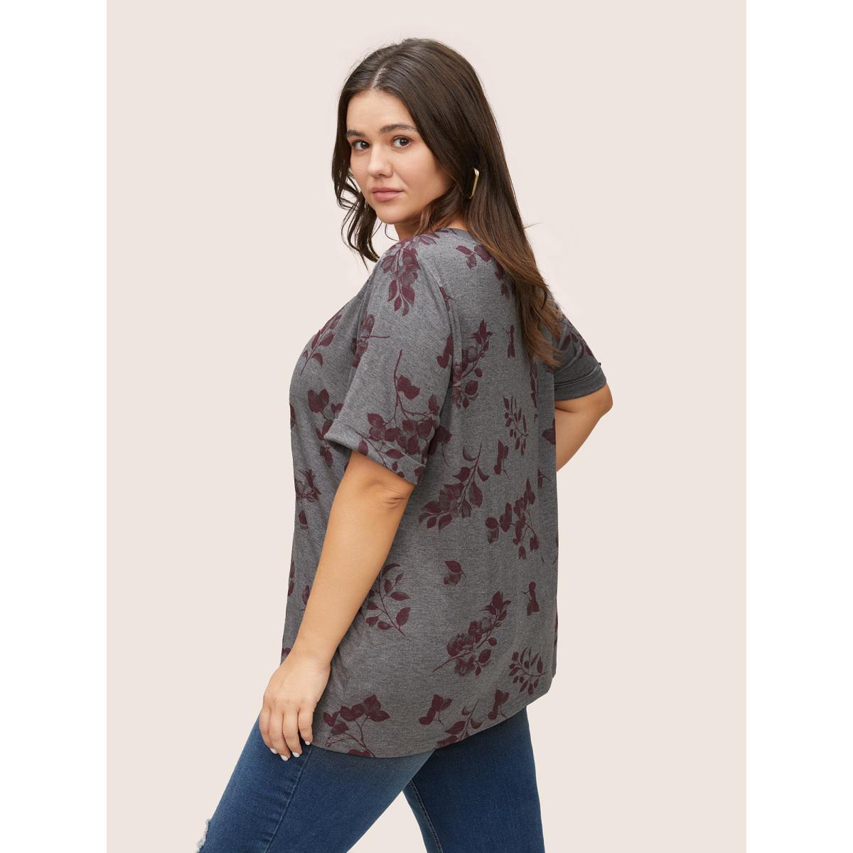 Plus Size Plants Print Roll Hem T-shirt DimGray Women Casual Non Plants Round Neck Everyday T-shirts BloomChic 12/L Product Image
