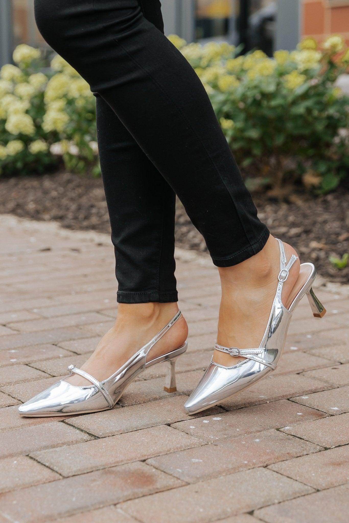 Sleek Silver Buckle Detail Slingback Heels-FINAL SALE Product Image