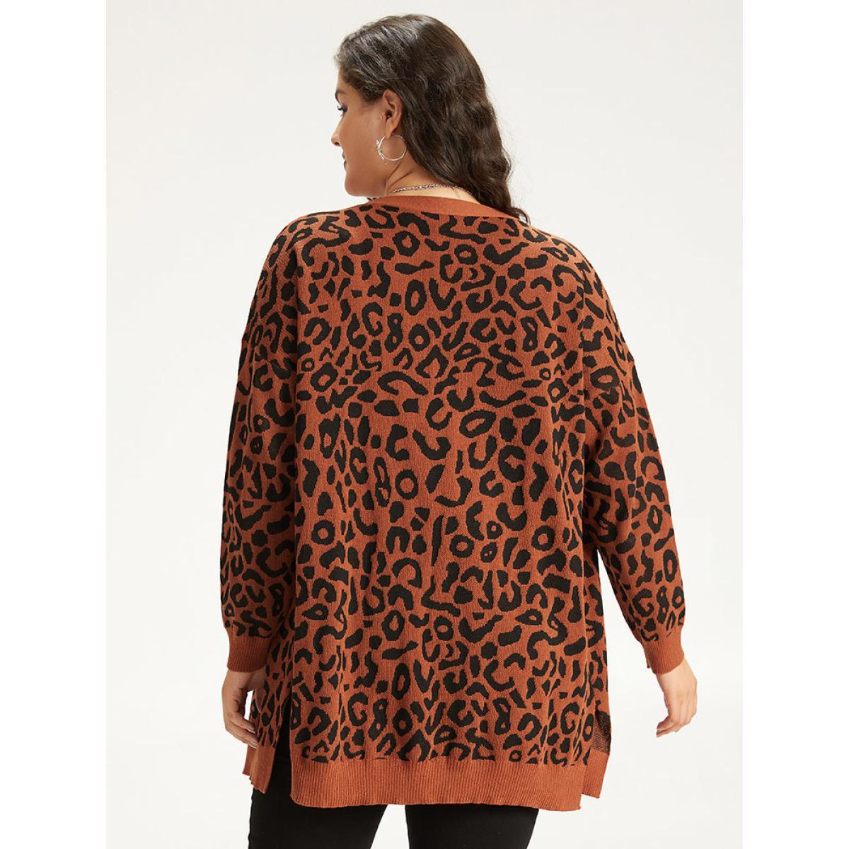 Plus Size Halloween Leopard Print Patched Pocket Split Side Cardigan Leopard Women Casual Loose Long Sleeve Festival-Halloween Cardigans BloomChic 22-24/3X Product Image